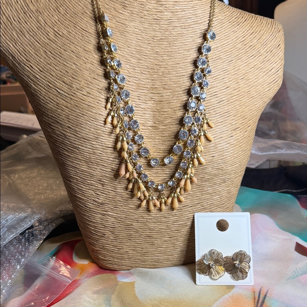 Gold and Beige Crystal Layered Necklace with Floral Earrings